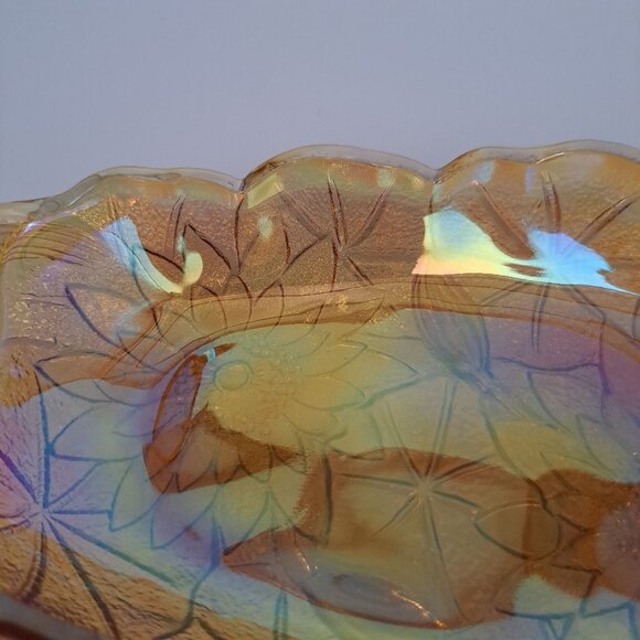 Indiana Marigold Carnival Glass Sunflower Celery Candy Dish Two Handles Vintage - Picture 2 of 11